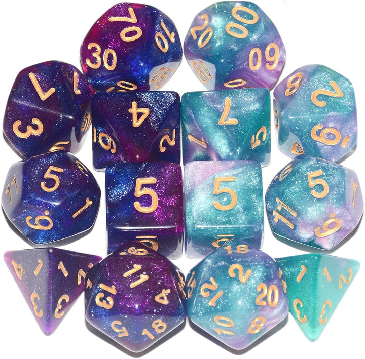 DND Dice 2 X 7Sets, 14Pieces Glitter Sparkle Cosmic Mixed Polyhedral DND Dice for RPG MTG Table Game Dice