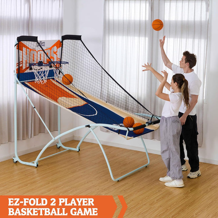 EZ Fold Premium Indoor Arcade Basketball Game with Steel Frame and Polycarbonate Backboard, Dual Shot Electronic Scoring with 6 Size 3 Balls Included, Perfect for Basement Game Rooms