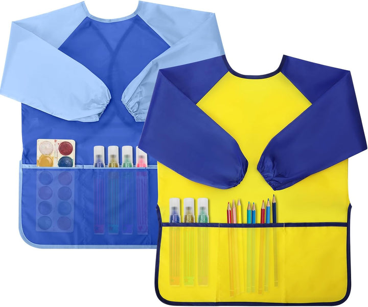 Kids Painting Apron 2 Pack, Waterproof Toddler Art Smock, Artist Smock for Kids Age 2-8 with Long Sleeve and 3 Pockets