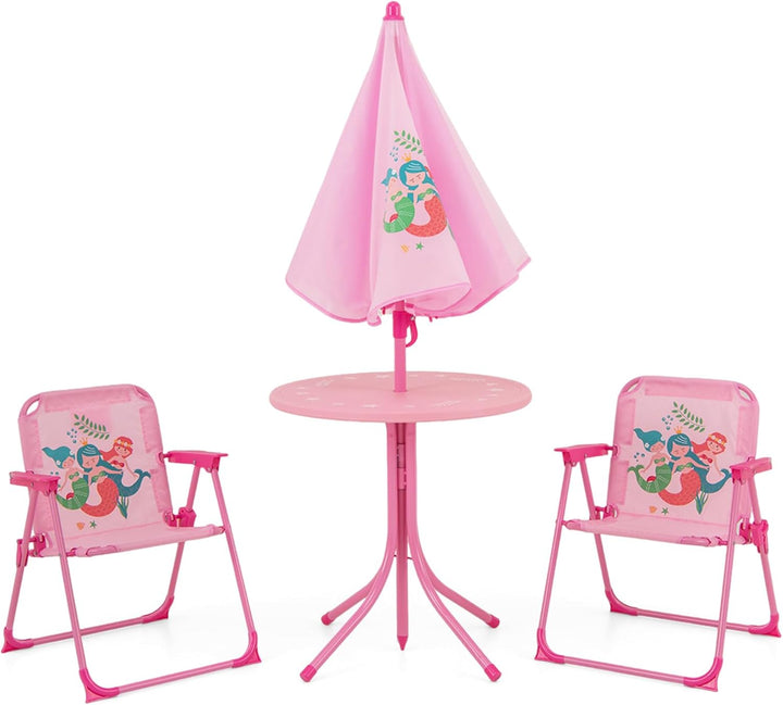 Kids Picnic Table with Umbrella, Kids Outdoor Table with 2 Folding Chairs, Height Adjustable Umbrella, Portable Kids Outdoor Furniture for Backyard, Garden, Patio (Pink)