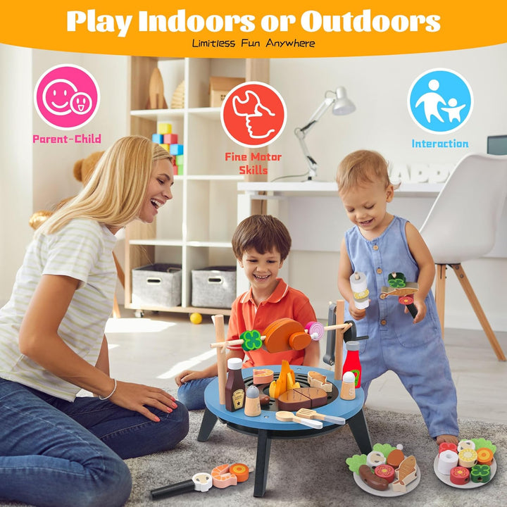 Wooden Play Barbecue Toy Gril,45Pcs Kids Grill Playset with Rotating Skewering Mode,Pretend Cooking Kitchen Playset Grill Toy Birthday Gift for Boys&Girls 3+