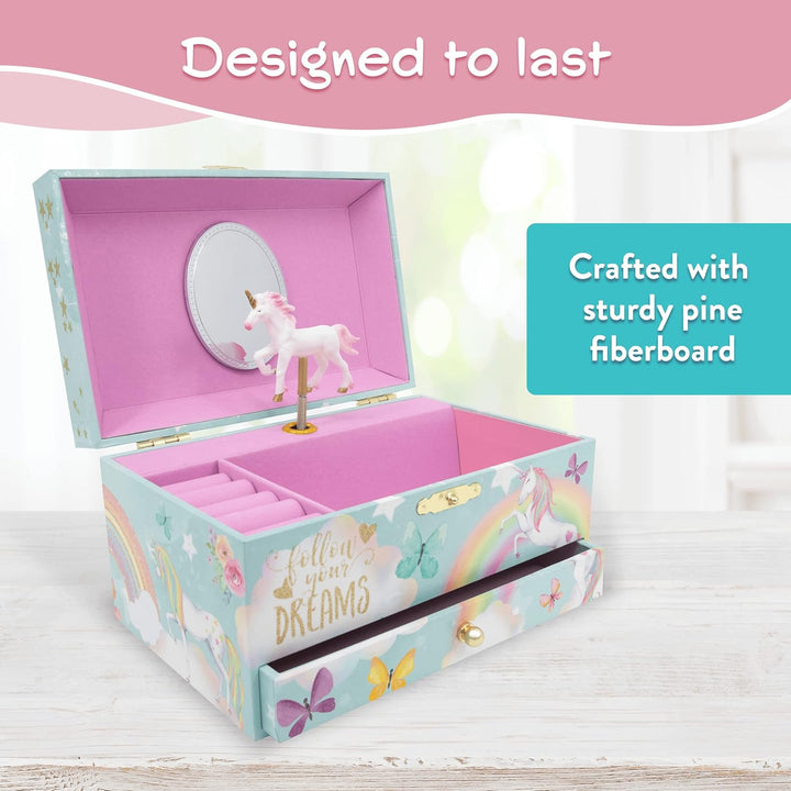 Unicorn Musical Jewelry Box, Classic Melody Storage Organizer Kids Ages 6-12, Wood Construction W/ 2 Compartments