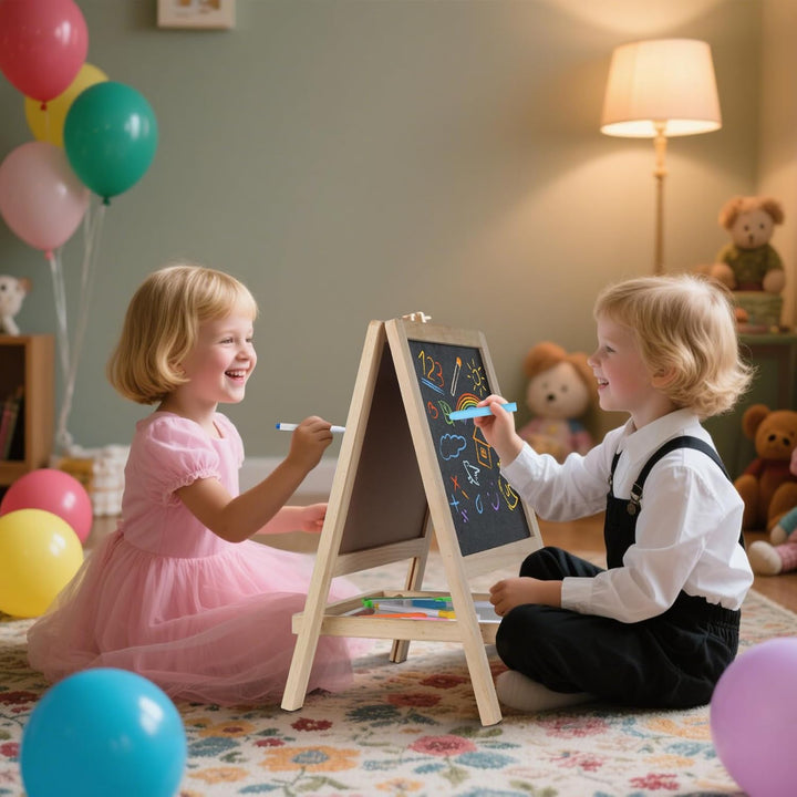 Tabletop Painting Wooden Art Easel for Kids - 4-In-1 Double-Sided Drawing Board for Toddlers 2-4, Chalkboard & Dry Whiteboard with Chalk,Markers, Eraser, Magnetic Letters/Numbers & Flashcards