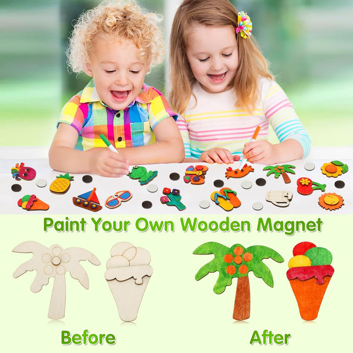 Summer Crafts for Kids, 36 Pcs DIY Wooden Magnets Art Craft Supplies Painting Kit for Boys Girls Ages 4-8 8-12 Birthday Party Gifts Summer Activities School Classroom Prizes