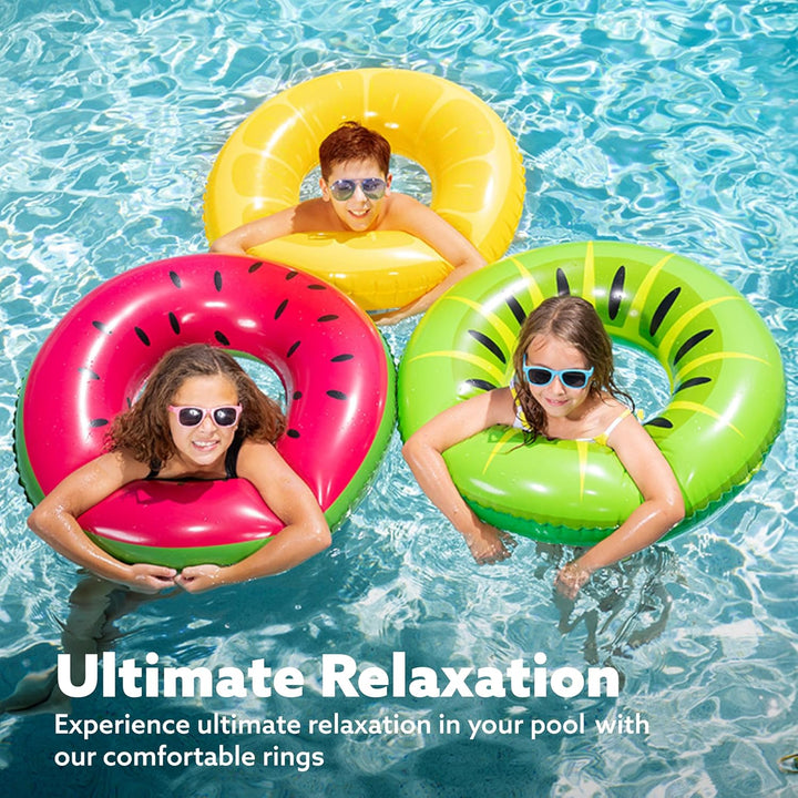 Inflatable Swim Tube Raft (3 Pack) with Summer Fruits Painting, Pool Toys for Swimming Pool Party Decorations