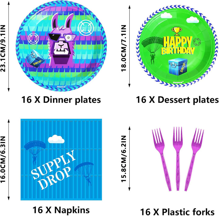 64Pcs Video Games Llama Party Tableware Supplies Including 32 Pcs Plates, 16 Pcs Forks and 16 Pcs Napkins, Video Games Theme Party Birthday Decorations