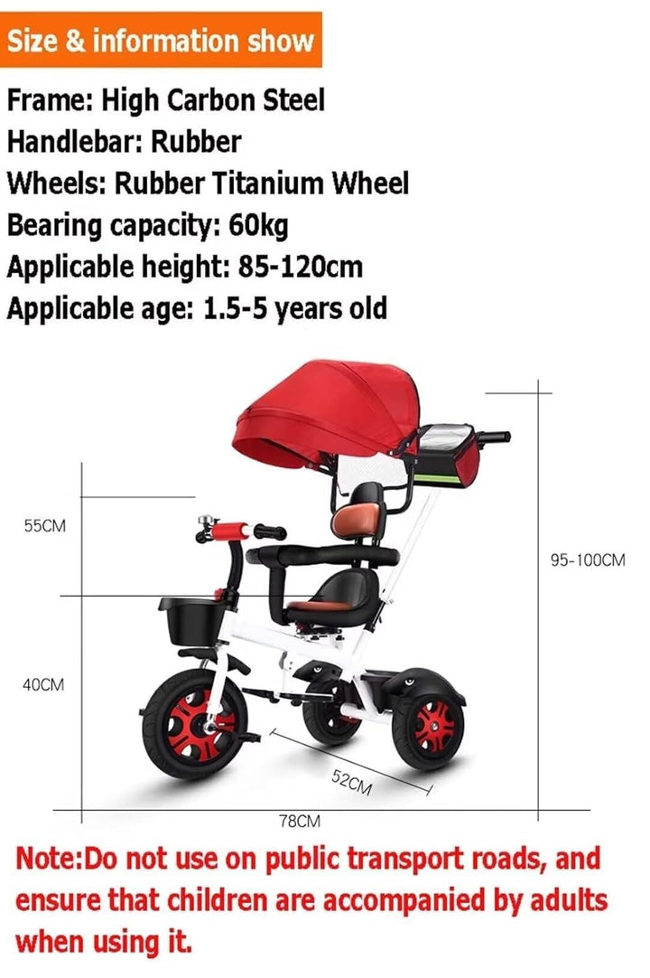 Reversible Seat Toddler Stroller Buggies, Children Pram with Canopy, High Back Guardrail and Belt, Parent Steering Tricycle Handle(White Red,No Headlight)