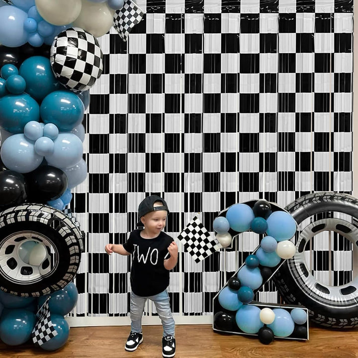 Race Car Foil Fringe Curtains Backdrop Birthday Party Decorations, 2 Pack 3.28 X 6.56 Ft Black White Foil Fringe Curtain Photo Booth Props Racing Car One Happy Dude Birthday Party Decorations