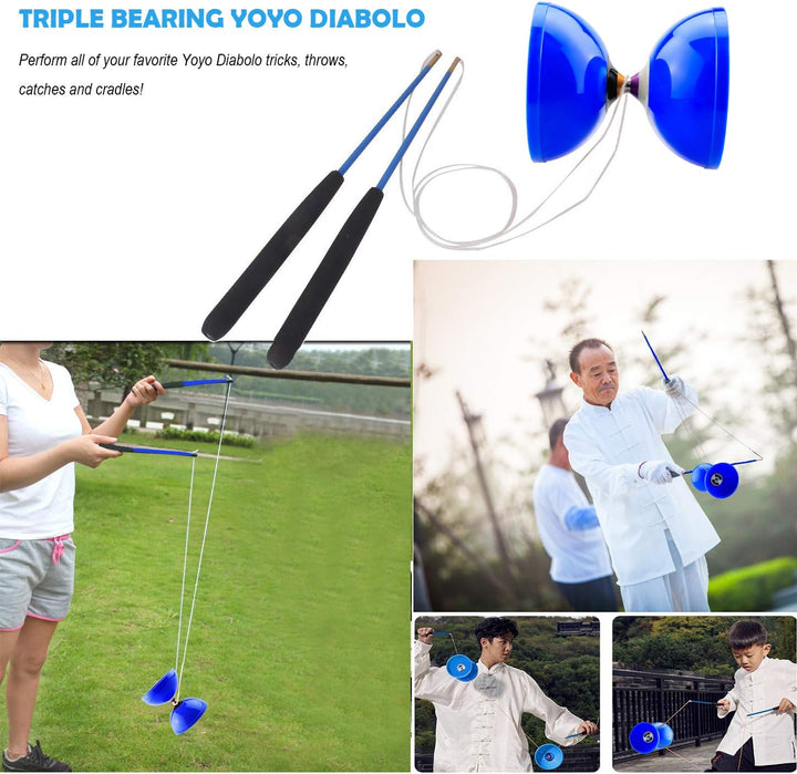 Pro Triple Bearing Diabolo Medium Size 5” Blue Chinese Yoyo Toy with 2 Pair Carbon Sticks+ 2 Extra Strings +1 Net Bag, High Performance Chinese Yoyo Diabolo Skill Toy