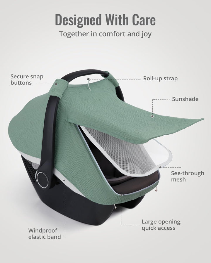 Baby Car Seat Cover, Extra Large Mesh Window, Breathable Muslin Cotton, Infant Windproof Canopy, Must-Have Baby Gift - Roman Green