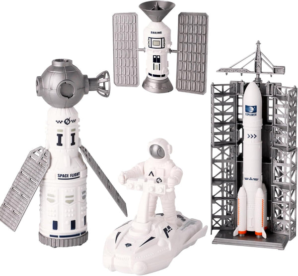 Space Explorer Toy Kit, Space Toys Set with Astronaut Figure, Double Satellite, Pointy Rockets and Launch Towers, Space Scooter, Astronaut Exploration Gift for Exploring Boys and Girls