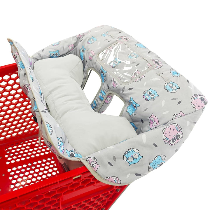 Soft Pillow Attached 2-In-1 Shopping Cart and High Chair Cover for Baby, Cotton Padded Cart Cover, Fold'N Roll Style, Portable with Carry Bag (Gray Elephant)