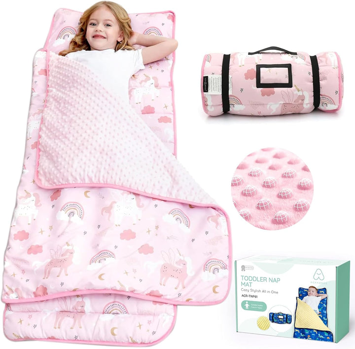 Toddler Nap Mat with Pillow and Blanket, Extra Large Rolled Napping Mats,Slumber Bags for Boys Girls,Kids Sleeping Bag for Daycare, Preschool Travel Camping, Dinosaur