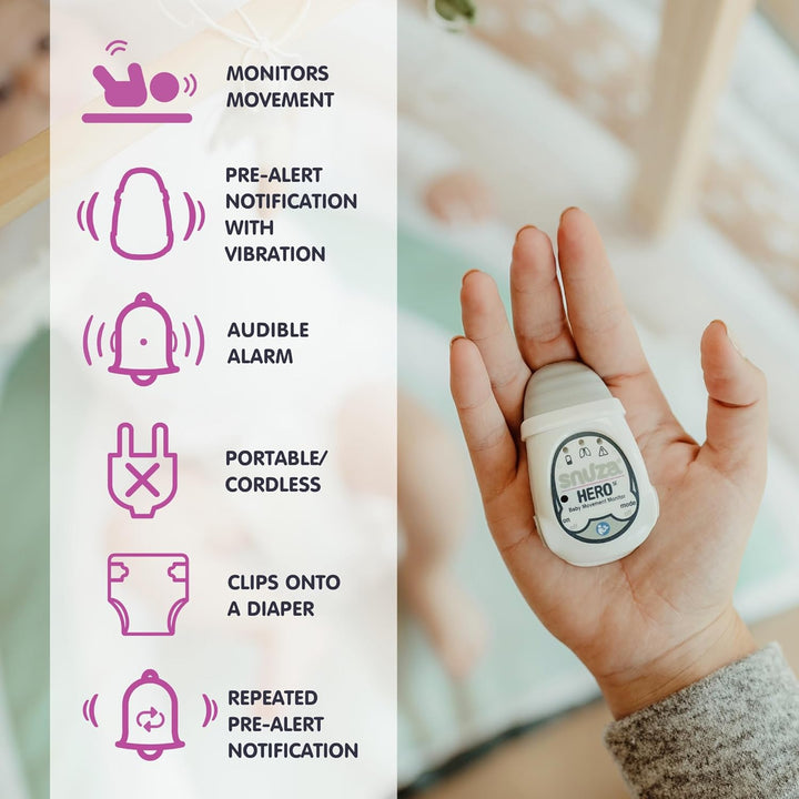 Hero Baby Monitor: Alerts When No Movement Detected, Gentle Vibration Pre-Alerts, Attaches to Nappy, No Wifi/Bluetooth, Medical Grade Material. Safer Sleep for Babies, Better Sleep for Parents.