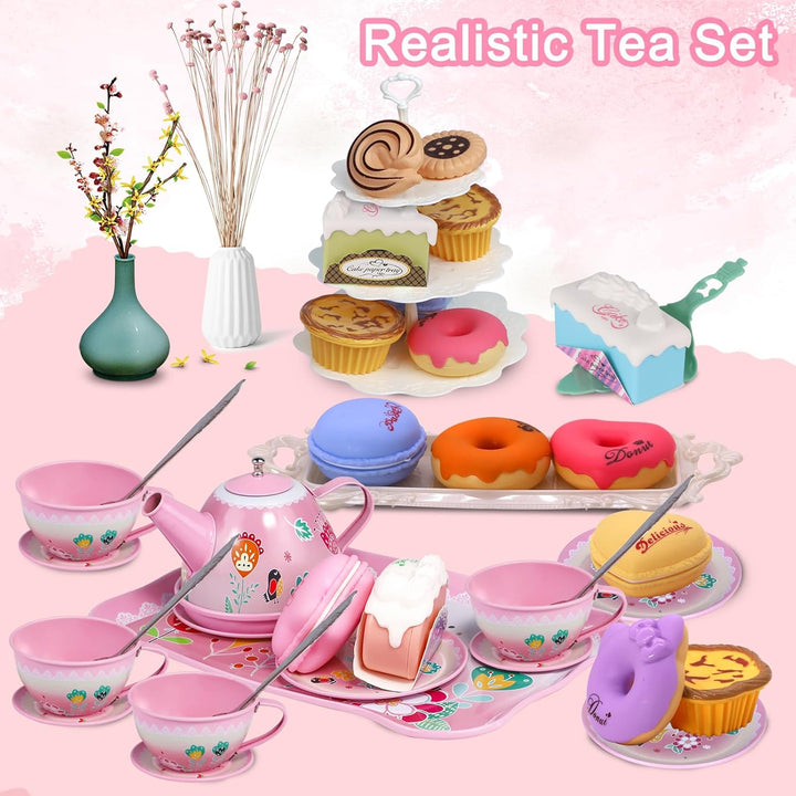 Tea Party Set for Little Girls, Princess Tea Time Toy Including Dessert,Cookies,Doughnut,Teapot Tray Cake, Tablecloth & Carrying Case,Kids Kitchen Pretend Play for Girls Boys Age 3-6