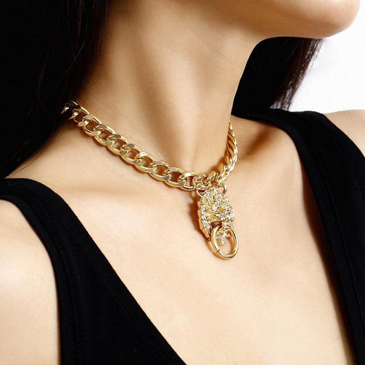 Punk Hip-Hop Gothic Short Chain Exaggerated Metal Lion Head Pendant Collar Necklace Women'S Gold Choker Jewelry Accessories