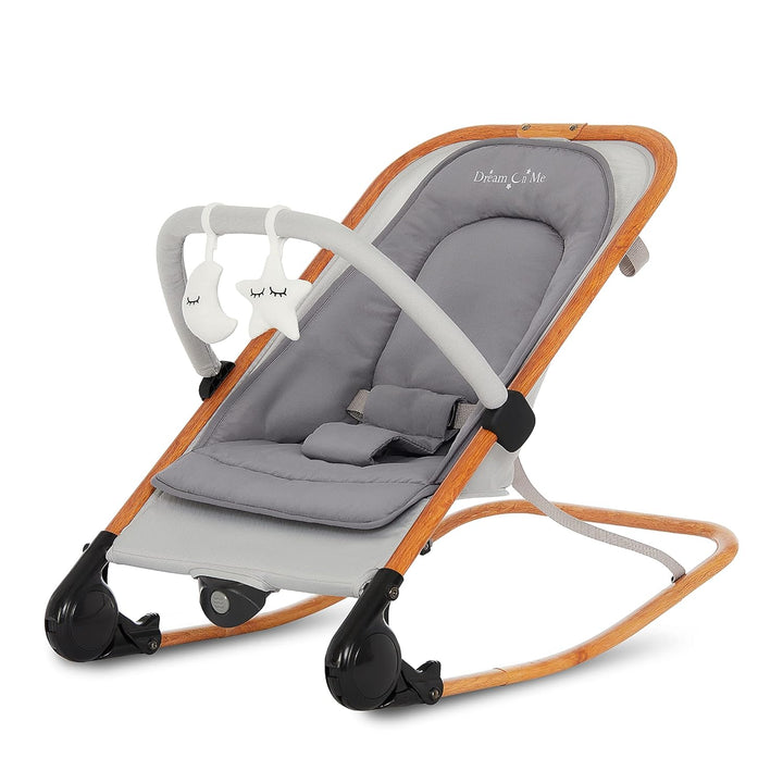 Rock with Me 2-In-1 Rocker and Stationary Seat | Compact Portable Infant Rocker with Removable Toys Bar & Hanging Toys in Black & Grey