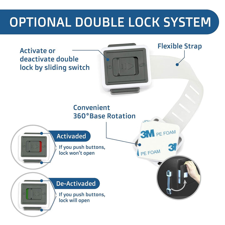 Child Safety Locks (4-Pack) - Baby Proof Cabinets, Drawers, Toilets & Appliances- Adjustable Strap Length, Double Lock Option - Easy Latch for Adults to Open