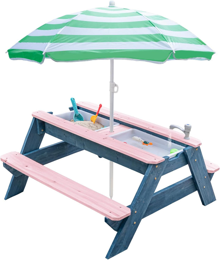 Kids 3-In-1 Sand & Water Table, Wood Outdoor Convertible Picnic Table with Umbrella, 2 Trays, Removable Top with Faucet, Picnic for Outdoor (Pink/Navy)