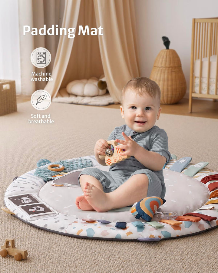Baby Play Gym & Activity Mat, 5 Developmental Zones Wooden Tummy Time Mat with 5 Detachable Sensory Toys for Motor Skills & Sensory Development, Baby Essentials Shower Gift