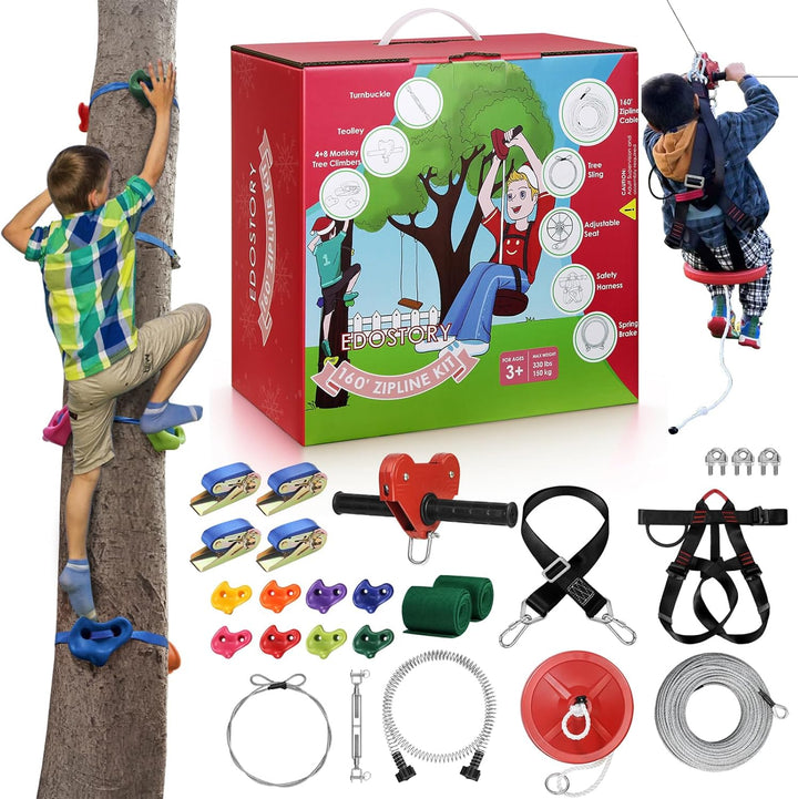 160 Feet Backyard Zip Line Kit for Kids and Adult up Outdoor to 330Lb with Stainless Steel Ziplines Spring Brake and Safety Harness, Christmas and Birthday Gifts for Kids(Red)