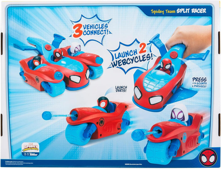 Marvel Spidey and His Amazing Friends Spidey Team Split Racer - 8.5-Inch Three-In-One Vehicle with Web Darts, Sound Effects, and Phrases