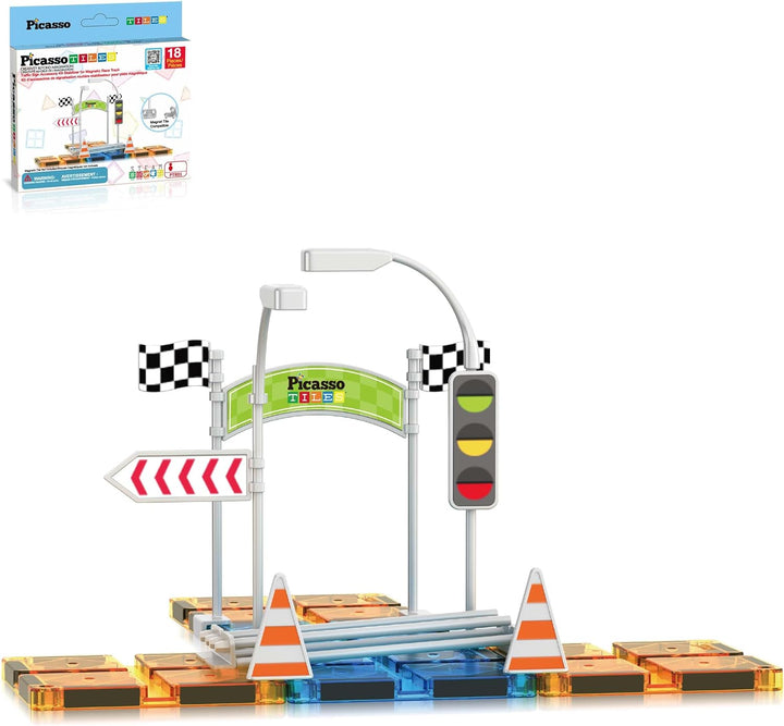 Magnetic Tiles Race Track Car Thrilling Toy Playset Includes 2 Racing Trucks STEM Educational Magnet Tile Building Block Construction Set for Toddlers Boys Girls Ages 3 and Older PTR30