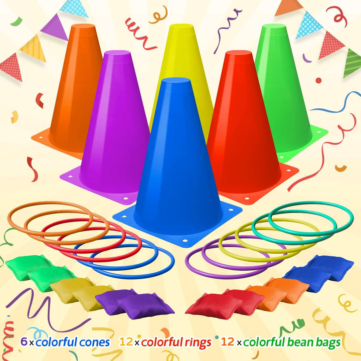 3 in 1 Carnival Games Set, Soft Plastic Cones Bean Bags Ring Toss Games for Kids Birthday Party Outdoor Games Supplies Combo Set