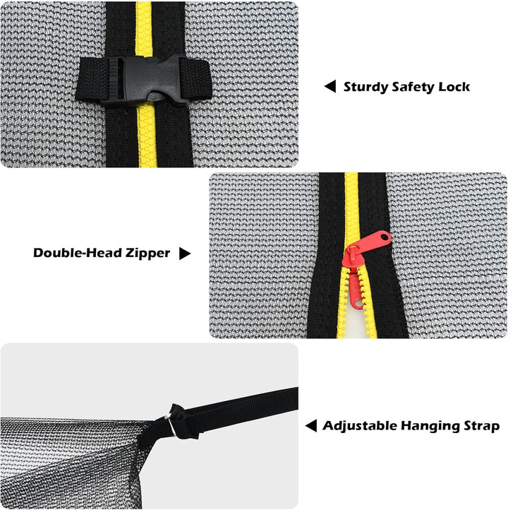 Trampoline Safety Net W/Adjustable Straps, 8 10 12 14 15 16Ft Weather-Resistant Replacement Enclosure Net with Double-Headed Zipper, Protection Buckle, Poles Not Included
