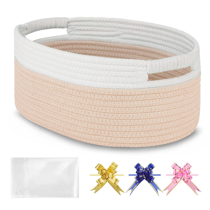 Small Woven Basket with Gift Bags and Ribbons, Empty Baby Gift Baskets, Shelf Storage, Small Cat Dog Pet Toy Boxes, 13”X 9”X 5.5”, Light Pink