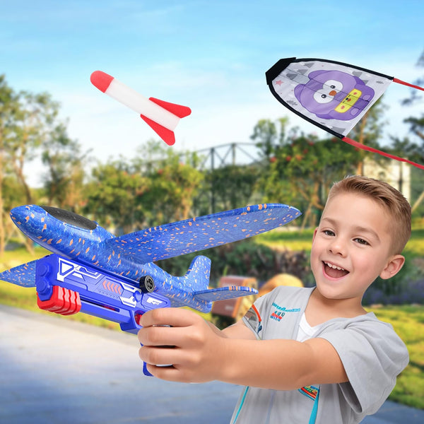 4PCS Airplane Launcher Toys, EVA Foam Glider Catapult Plane Toy for Kids Flying Toy - Fun Outdoor Flying Toy for Children Birthday Gifts for Boy Girl, Party Supplies,Blue