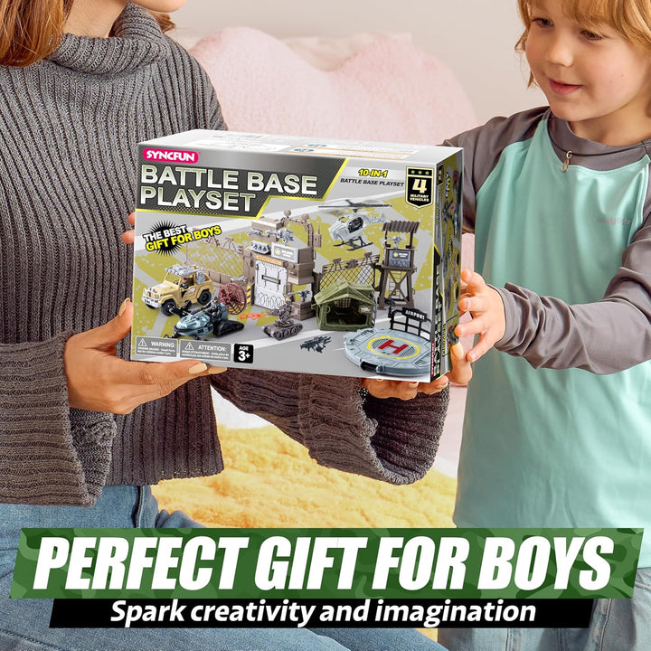 Military Toy Set with Army Base, Vehicles, Action Figures & Weapon Accessories, Helicopter with Light & Sound - Christmas Birthday Gift for Kids Boys Girls