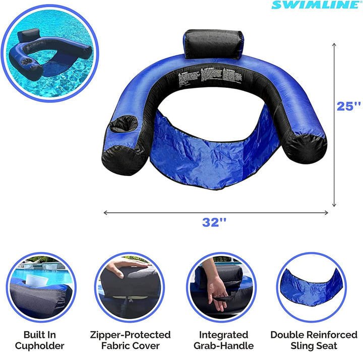 ORIGINAL Fabric Covered U-Seat Inflatable Pool Lounger | with Comfortable Sling Seat, Back Rest, and Built in Cup Holder | for Pool, Beach, Lake, and More