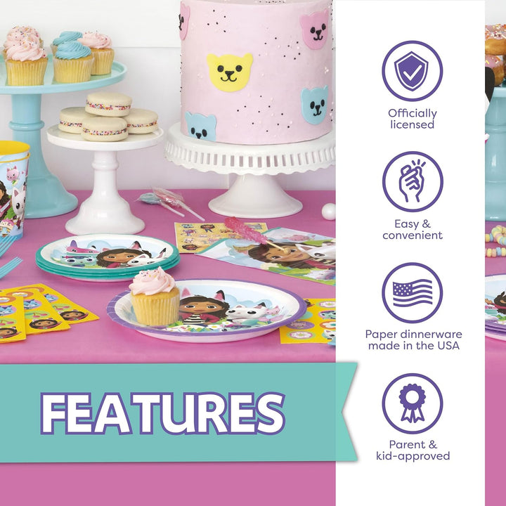 Gabby Dollhouse Party Decorations | Gabby Dollhouse Birthday Decorations | Tablecover, Plates, Napkins, Button | Serves 16 |