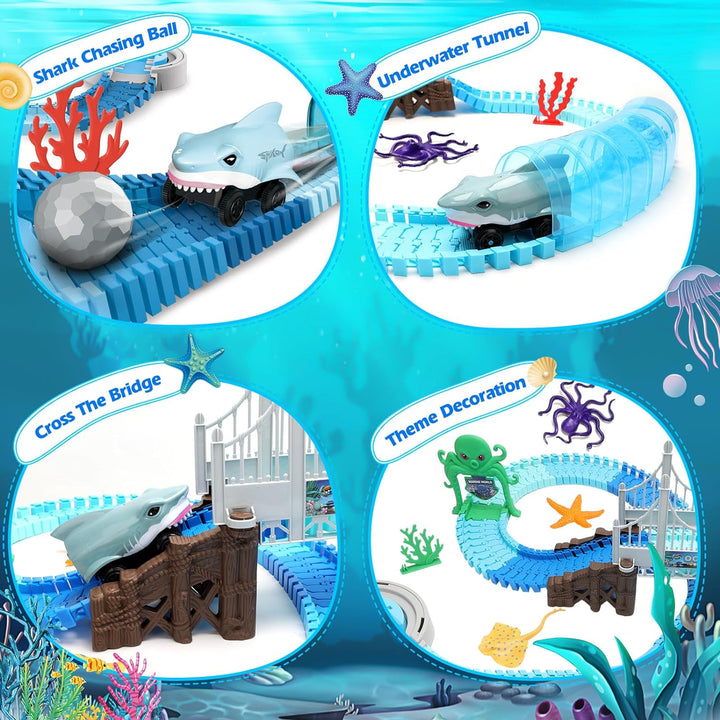 Track Toys 183 Pcs Shark Race Car Toys for Boys Girls 3 4 5 6 7 9 Year, Bendable Flexible Racetrack Cars with Shark & Ball, Ocean Theme Train Toys, STEM Educational Playset Birthday Gift