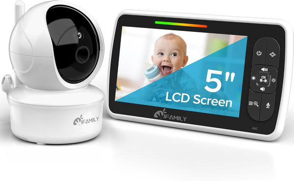 Baby Monitor - Large 5" Screen with 30Hrs Battery Life - Remote Pan-Tilt-Zoom;No Wifi, Two-Way Audio, Night Vision, Temperature, Lullabies, 960Ft Long Range Baby Monitor with Camera and Audio