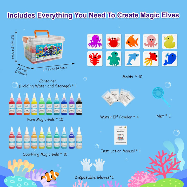 Magic Water Elf Toy Kit, Aqua Fairy Water Gel Kit-20 Magic Gesl&10 Molds–Make Your Own Water Pets & Squishy Toys–Fun Summer DIY Craft Kit, Birthday Gifts & Party Favors for Kids Ages 3+