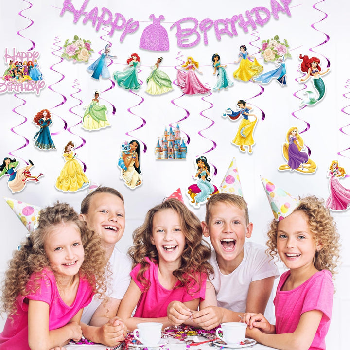 Princess Birthday Party Decorations Include 1Pc Glitter Happy Birthday Banner,1Pc Princess Banner and 14Pcs Cute Hanging Swirls for Girls, Pre-Assembled Party Decorations