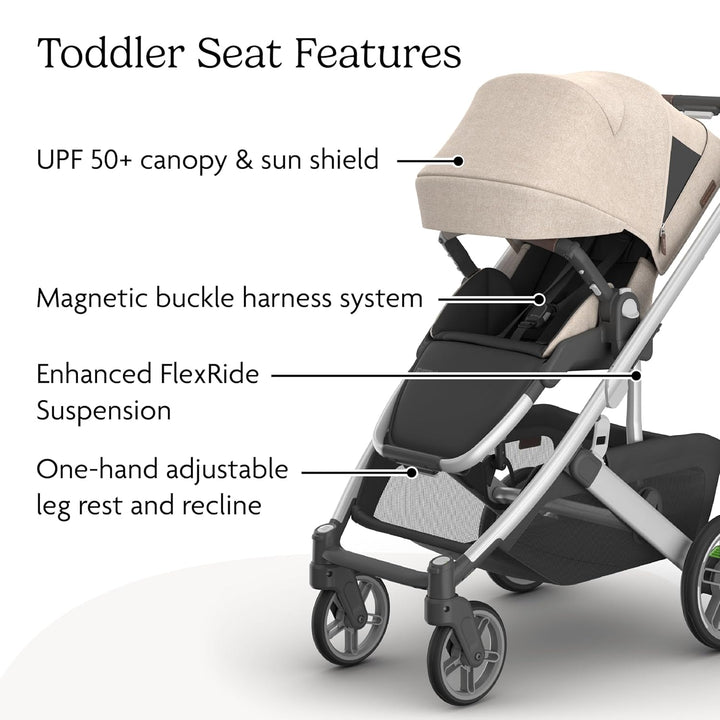 Cruz V3 Stroller - from Birth + Car Seat Compatible - Full-Size, Reversible Seat - Infant Insert, Bug and Rain Shields Included - Declan (Oat Mélange/Silver Frame/Chestnut Leather)
