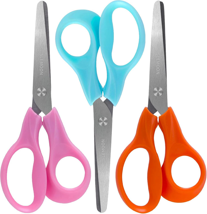 5" Small School Student Blunt Kids Craft Scissors, Sharp Stainless Steel Blades Safety Comfort Grip for Toddler Preschool Children Cutting Paper, 3 Pack,Blue