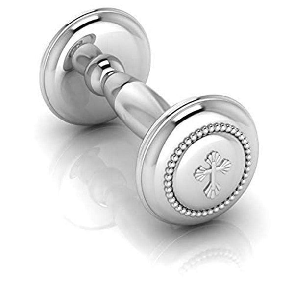 Sterling Silver Beaded Cross Dumbbell Rattle for Newborn Baby Boy and Baby Girl - Non-Tarnishing, Durable, and Custom Engravable Gift