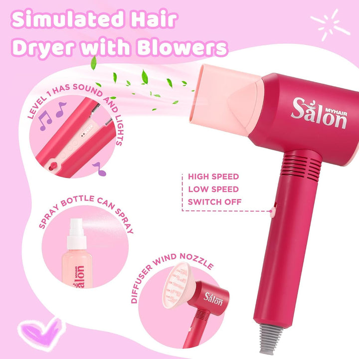 Pretend Hair Salon Toys for Girls,Pretend Makeup for Toddlers Dress up Beauty Salon Set Stylist Kit with Hair Dryer Apron Curling Flat Scissors Accessories Girl Gifts