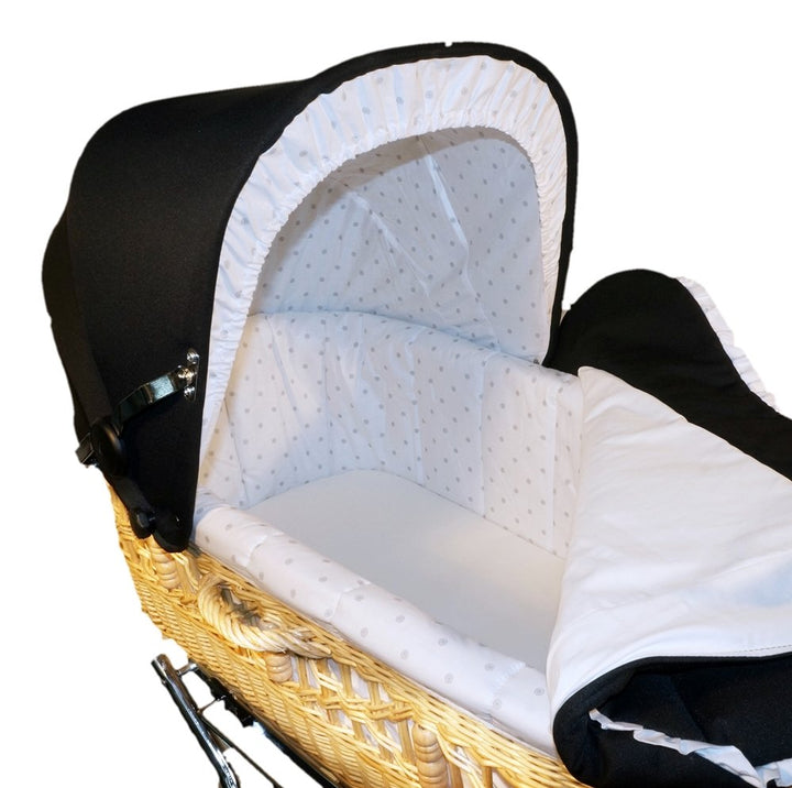 Wicker Basket Pram with Leather Strap Frame with Sliding Height Adjustment Basket Natural Willow