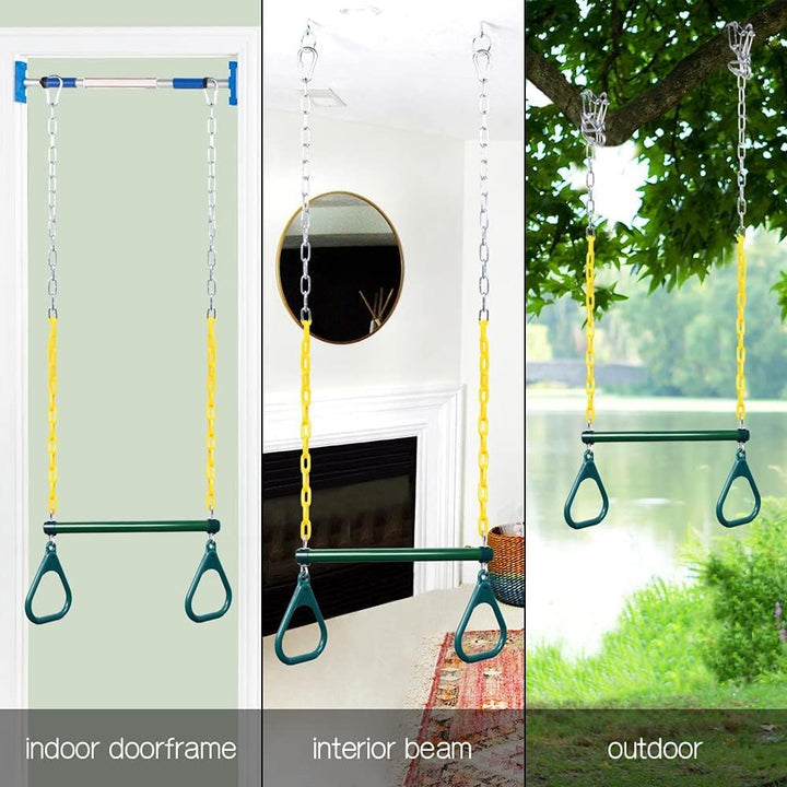 Gym Rings Trapeze Swing Bar 17", Heavy Duty 47" Chain Swing Set Accessories with Locking Carabiners, Monkey Bars for Backyard, Playground, Playroom