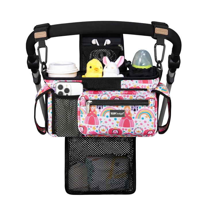 Universal Baby Stroller Organizer, Stroller Caddy with Detachable Mesh Bag & Heightened Insulated Cup Holders & Non-Slip Secure Hooks Accessories, Fits Most Strollers (Checkerboard)