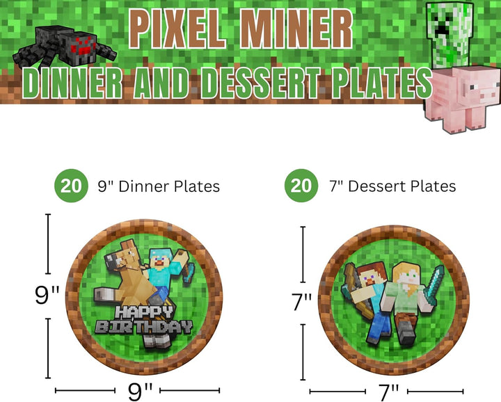 Pixel Miner Dinner and Dessert Plates (40 Pieces for 20 Guests) - Video Game Party Supplies, Mining Craft Decorations, Pixel Miner Party,