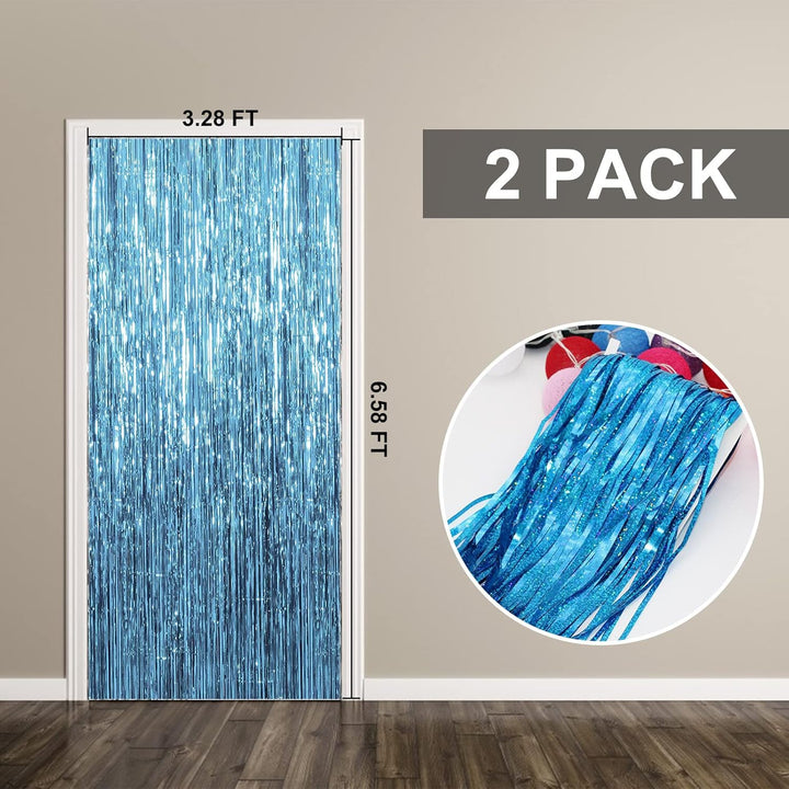 2 Pack Blue Streamers Party Decorations Fringe Backdrop Ocean Themed Decorations Foil Curtain Backdrop Blue Birthday Ocean Party Decor Supplies