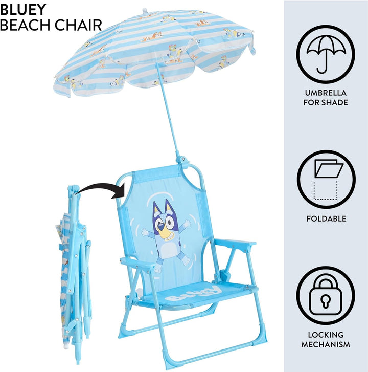 Bluey Kids Outdoor Folding Beach Chair with Umbrella,Portable Camp Chair for Ages 3+, Lightweight & Compact for Beach, Camping, and Backyard