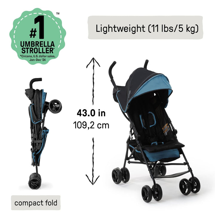 3D Mini Convenience Stroller – Lightweight Stroller with Compact Fold, Multi-Position Recline, Canopy with Pop Out Sun Visor – Umbrella Stroller for Travel & More, Blue/Black