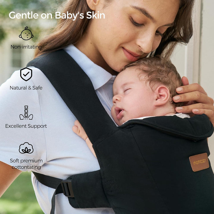 Newborn Carrier Weesnug- Lightweight and Cozy Comfort for 7-25 Lbs, Ergonomic Cross-Back Support, Effortless to Put On, Hands-Free Baby Carrier with Lumbar Support, Black